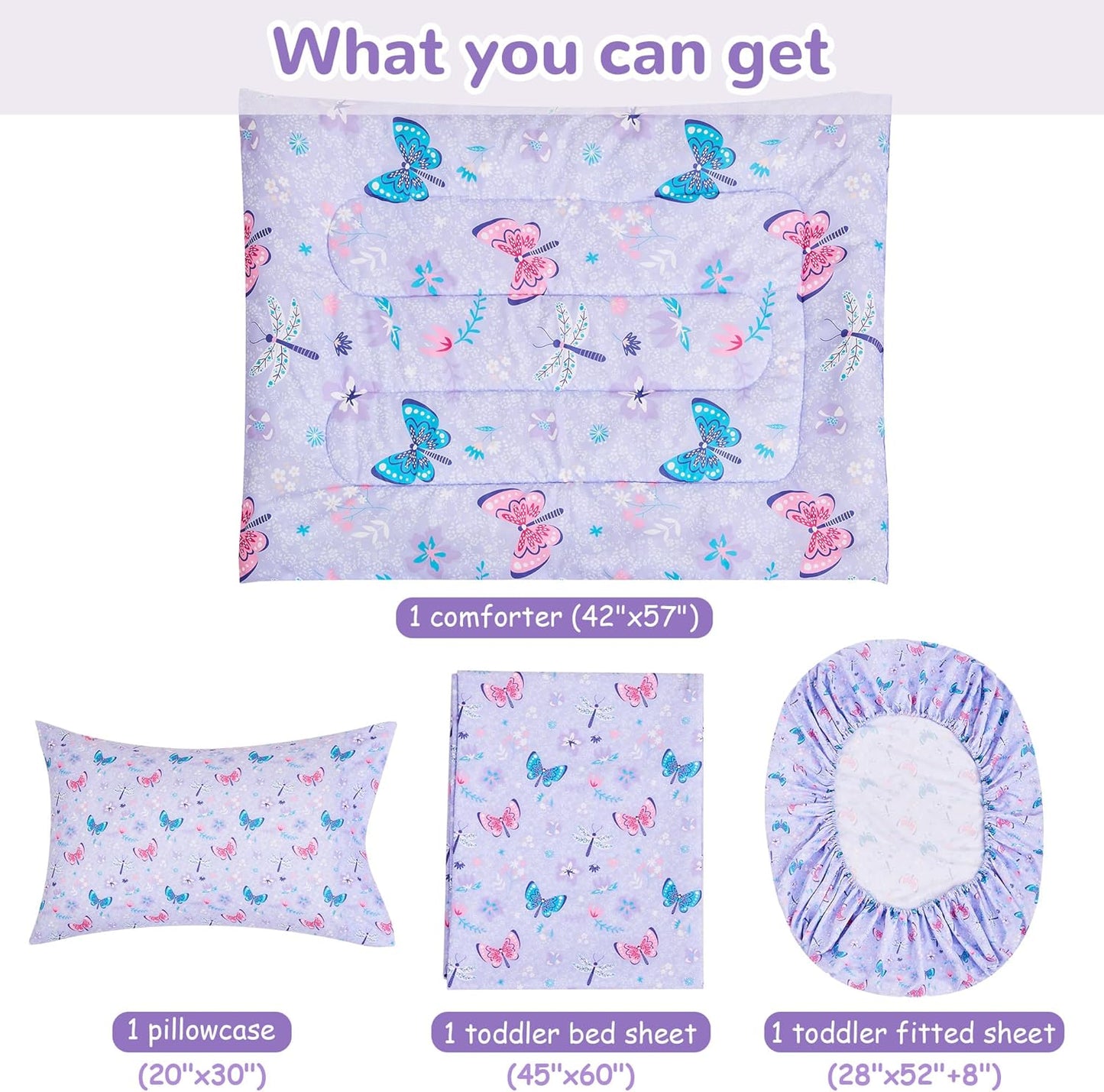 Butterfly Toddler Bedding Set for Girls, 4 Piece Bed-in-a-Bag Toddler Comforter Sets, Super Soft Comforter Sheet Set and Comfortable Microfiber Toddler Bed Set