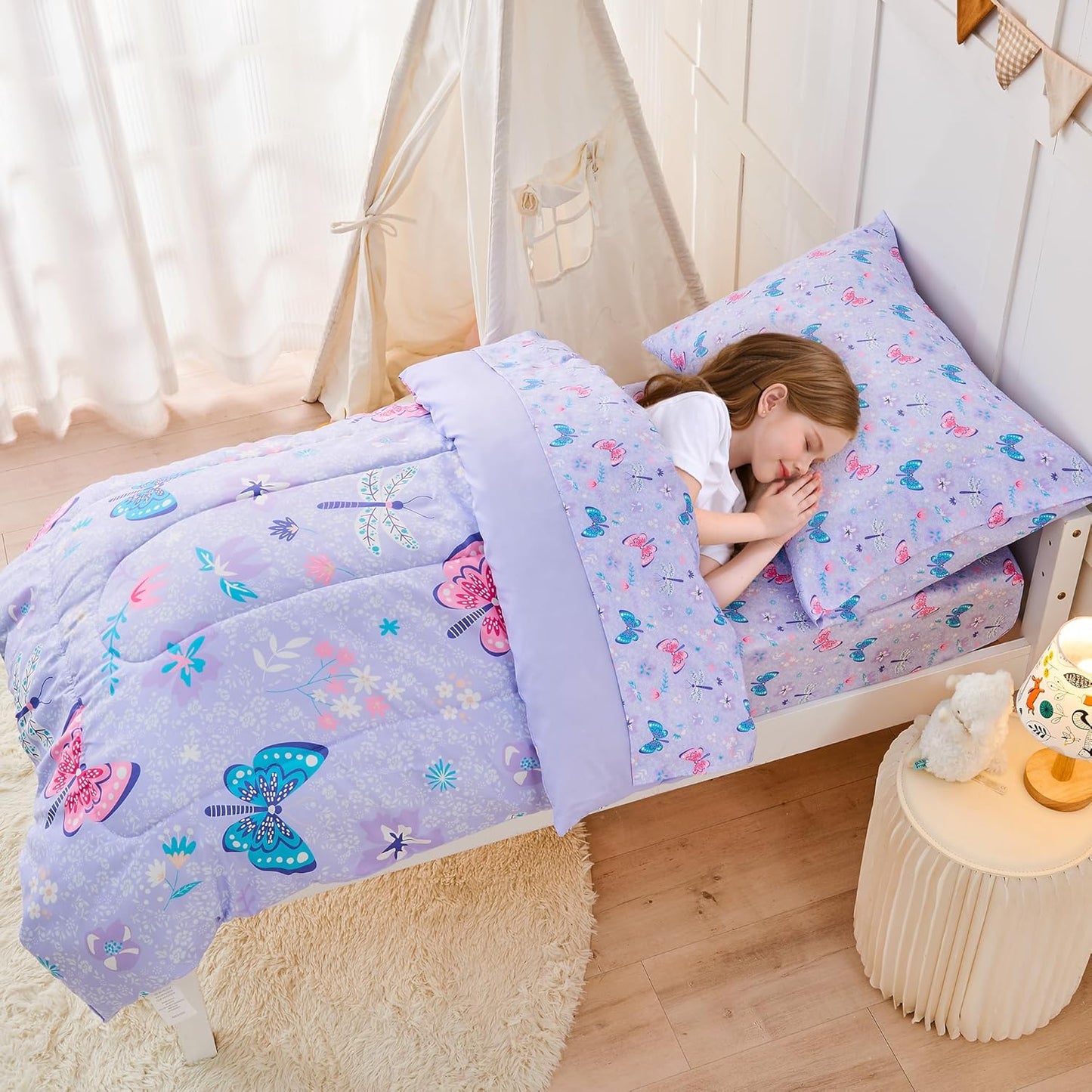 Butterfly Toddler Bedding Set for Girls, 4 Piece Bed-in-a-Bag Toddler Comforter Sets, Super Soft Comforter Sheet Set and Comfortable Microfiber Toddler Bed Set