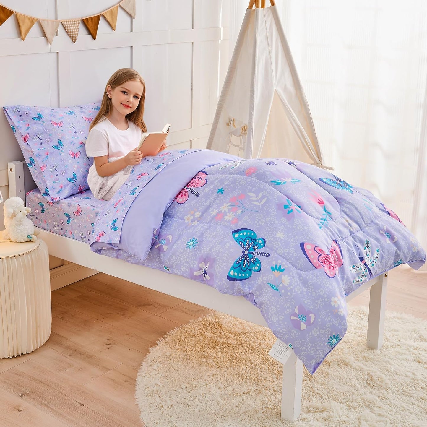 Butterfly Toddler Bedding Set for Girls, 4 Piece Bed-in-a-Bag Toddler Comforter Sets, Super Soft Comforter Sheet Set and Comfortable Microfiber Toddler Bed Set