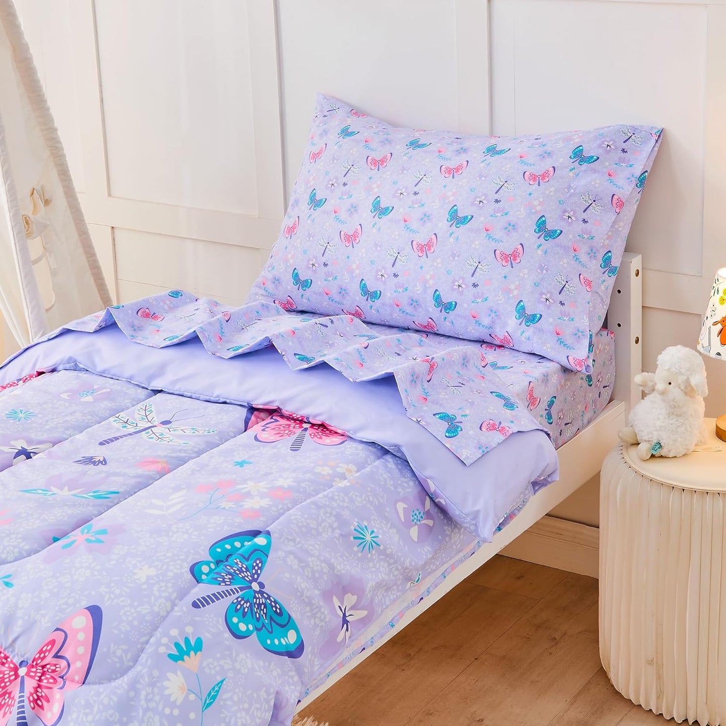 Butterfly Toddler Bedding Set for Girls, 4 Piece Bed-in-a-Bag Toddler Comforter Sets, Super Soft Comforter Sheet Set and Comfortable Microfiber Toddler Bed Set