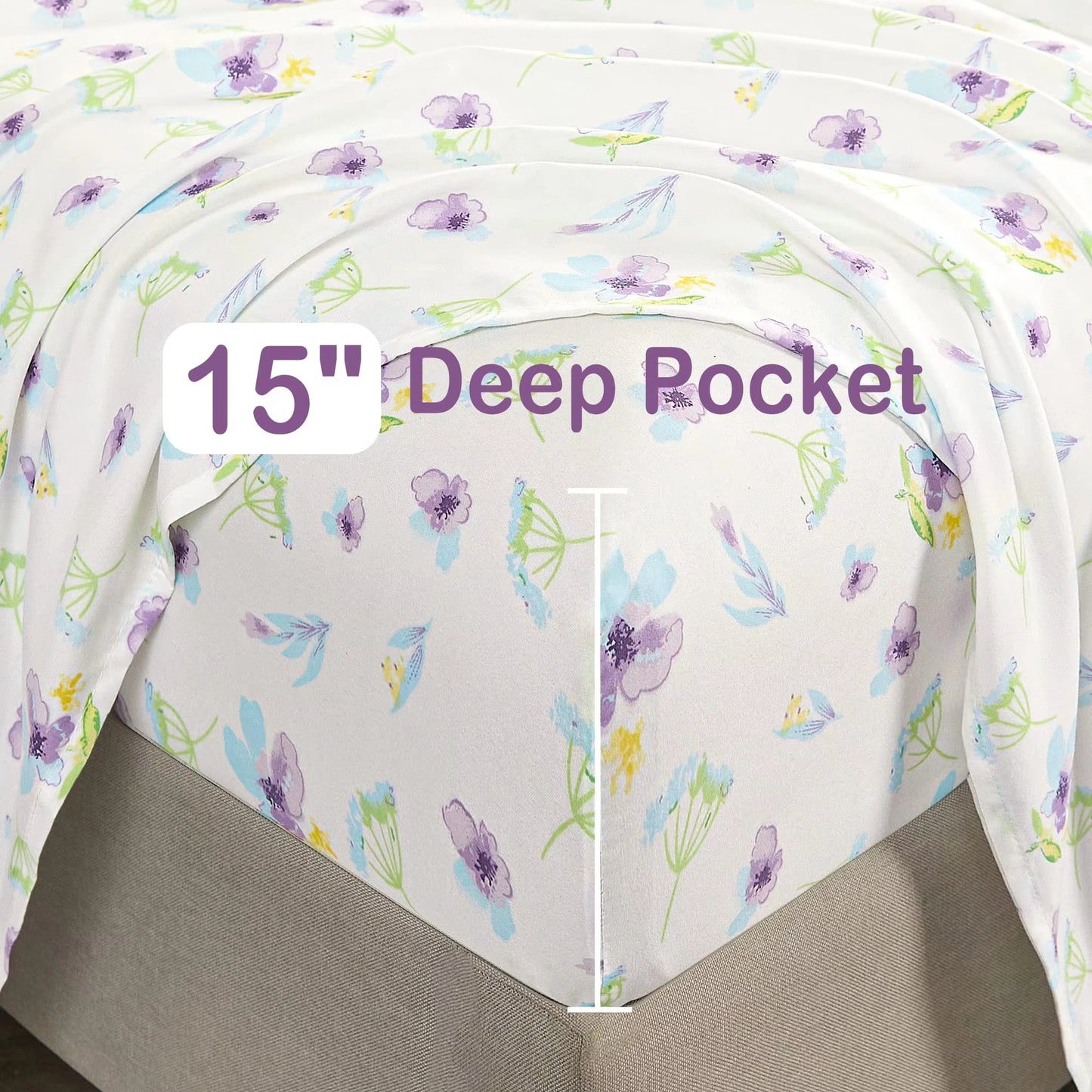 15'' Deep Pocket Blue Dandelion Printed Bed Sheets Set