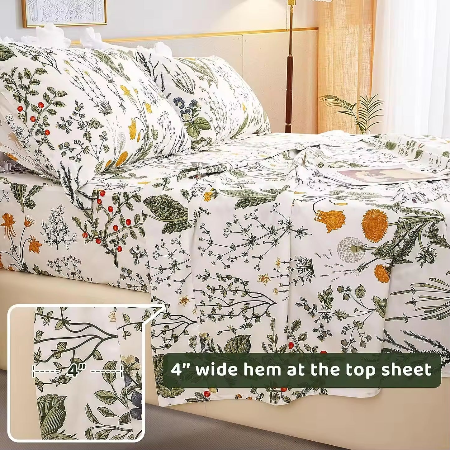 Yellow Flowers & Sage Leave Plant Pattern Bed Sheet Set