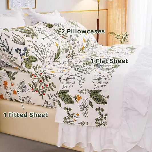 Yellow Flowers & Sage Leave Plant Pattern Bed Sheet Set