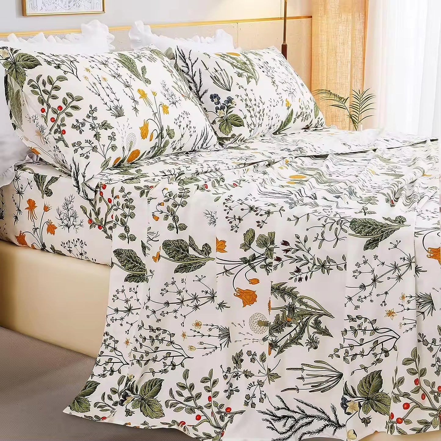 Yellow Flowers & Sage Leave Plant Pattern Bed Sheet Set