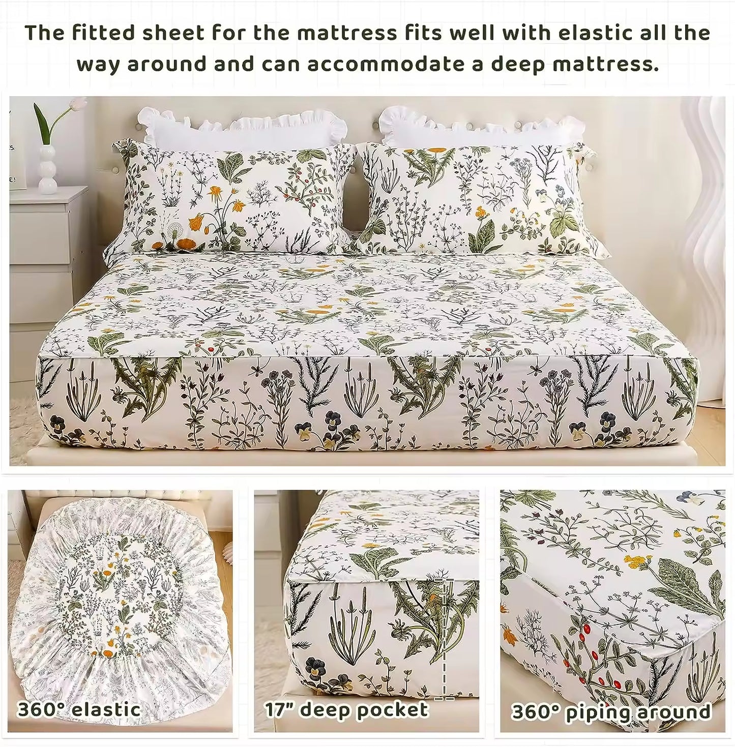 Yellow Flowers & Sage Leave Plant Pattern Bed Sheet Set