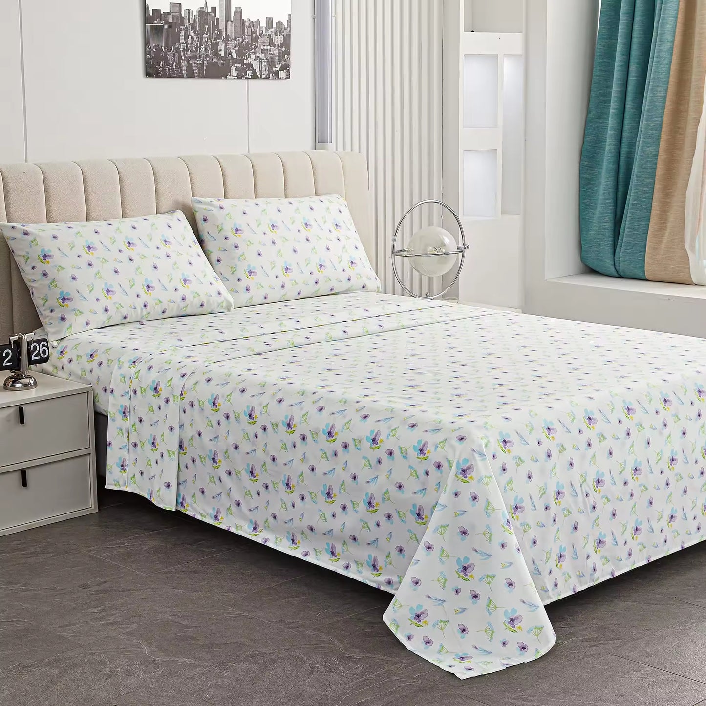 15'' Deep Pocket Blue Dandelion Printed Bed Sheets Set
