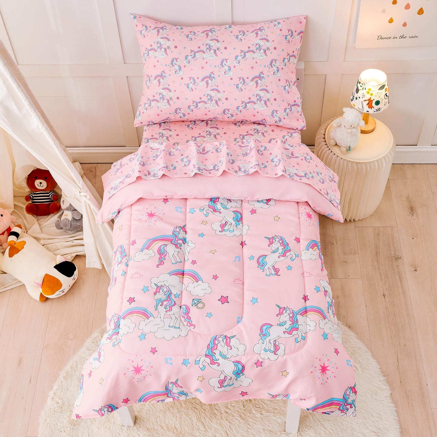 Butterfly Toddler Bedding Set for Girls, 4 Piece Bed-in-a-Bag Toddler Comforter Sets, Super Soft Comforter Sheet Set and Comfortable Microfiber Toddler Bed Set