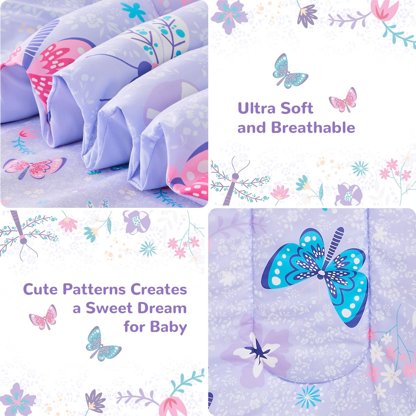 Butterfly Toddler Bedding Set for Girls, 4 Piece Bed-in-a-Bag Toddler Comforter Sets, Super Soft Comforter Sheet Set and Comfortable Microfiber Toddler Bed Set
