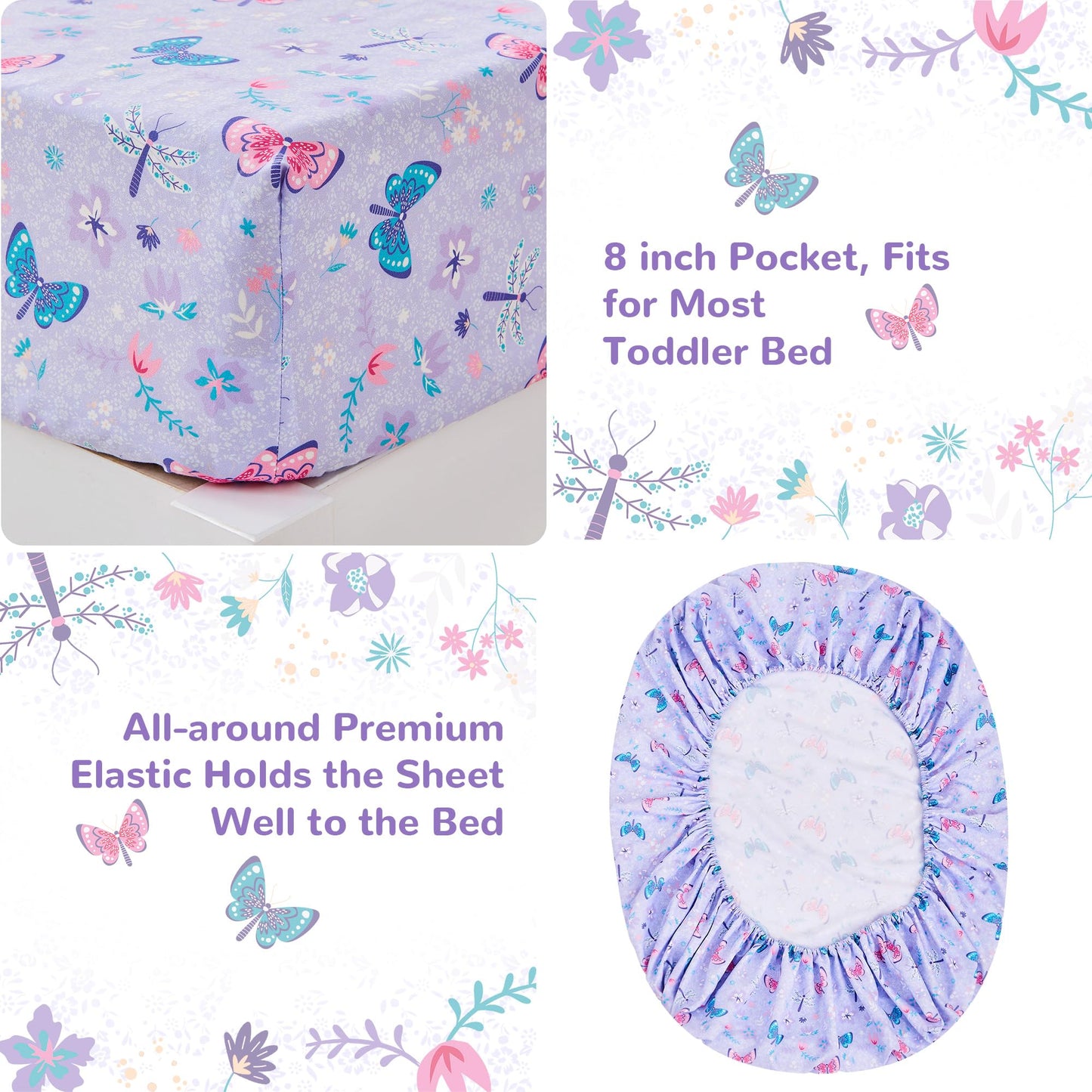 Butterfly Toddler Bedding Set for Girls, 4 Piece Bed-in-a-Bag Toddler Comforter Sets, Super Soft Comforter Sheet Set and Comfortable Microfiber Toddler Bed Set