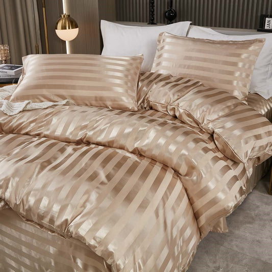 Khaki Satin Striped Comforter Sets
