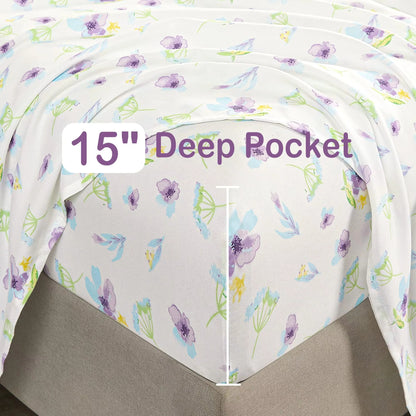 15'' Deep Pocket Blue Dandelion Printed Bed Sheets Set