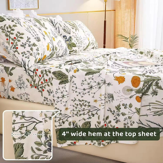 Yellow Flowers & Sage Leave Plant Pattern Bed Sheet Set