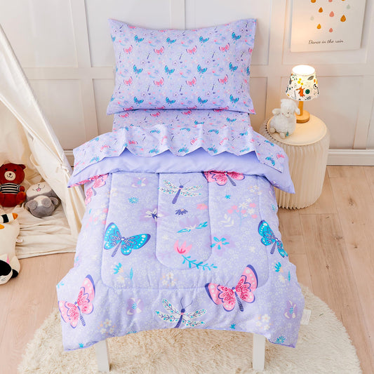 Butterfly Toddler Bedding Set for Girls, 4 Piece Bed-in-a-Bag Toddler Comforter Sets, Super Soft Comforter Sheet Set and Comfortable Microfiber Toddler Bed Set